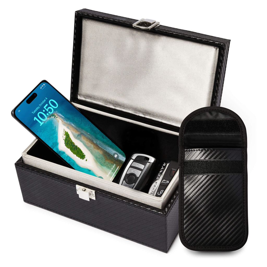 Faraday Box And Pouch With Iphone And BMW Range Rover Car Key Inside Faraday Box